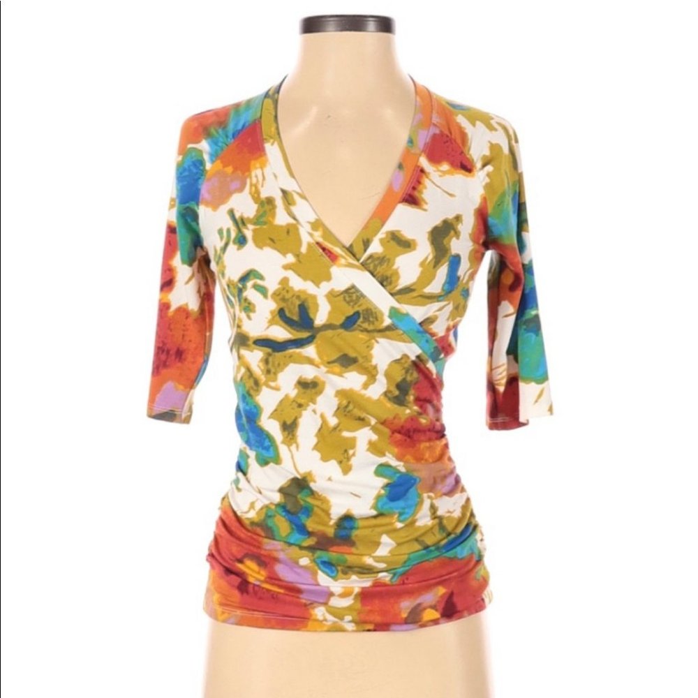 Cabi 3/4 Length Sleeve Ruched Floral Print Top S